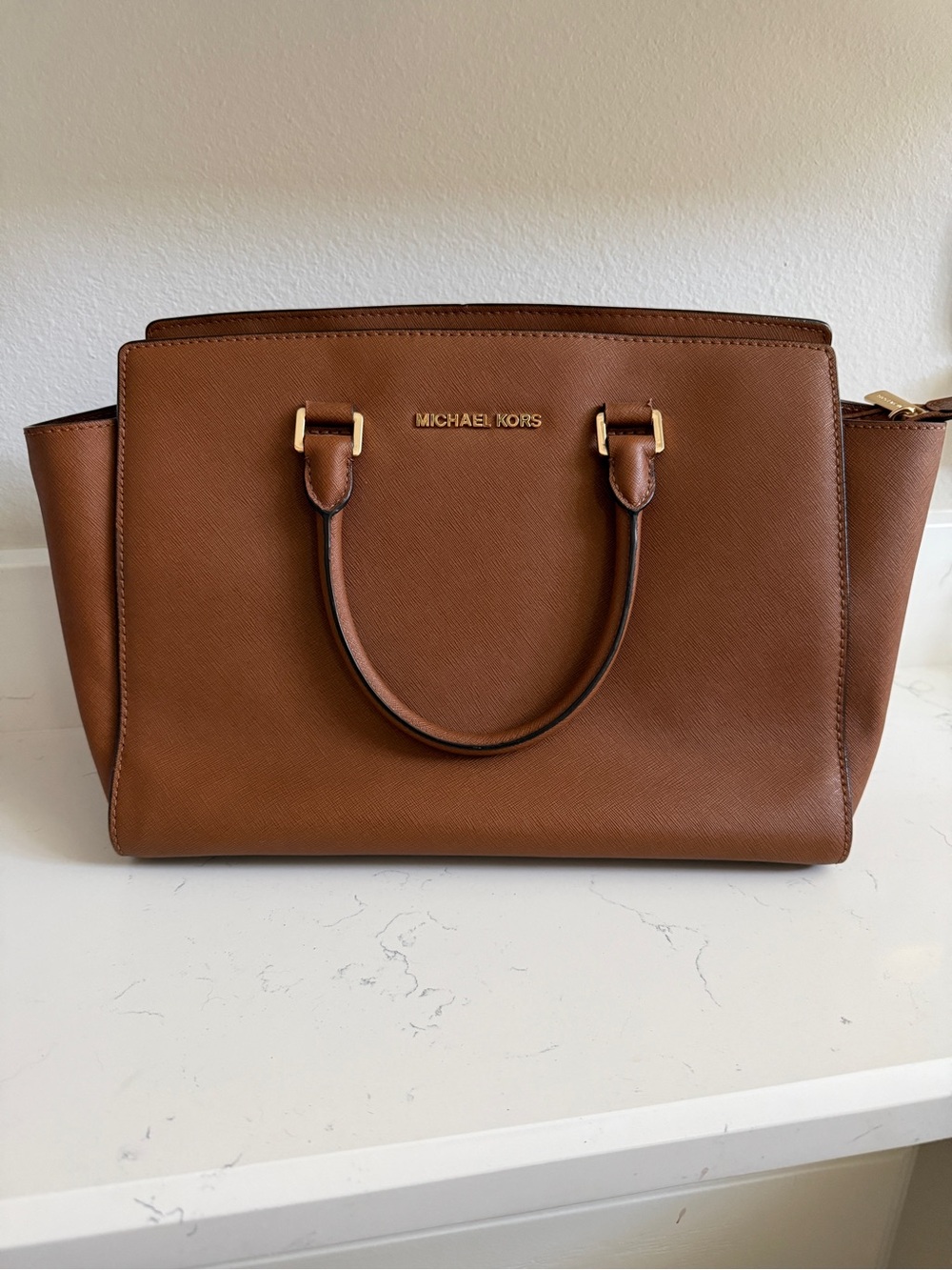 MICHAEL KORS Brown Saffiano Leather Satchel with Gold Hardware